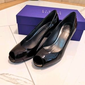 Stuart Weitzman Black Patent Peep Toe High Heels